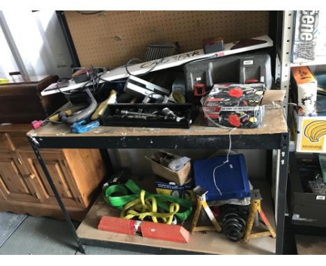 3 shelves of car parts, tools, accessories etc including car stereos, towing rope, towing hook, stands etc.