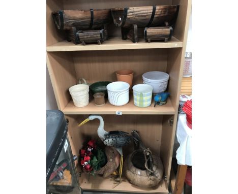 3 shelves of planters etc including metal stork model