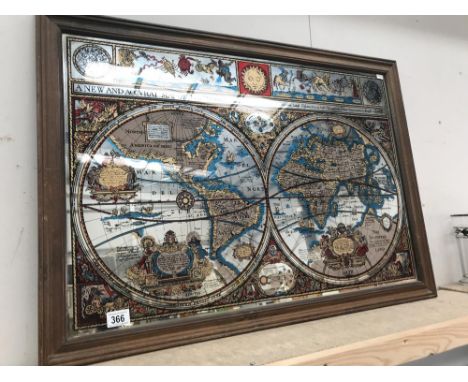 An Elizabethan style 'Map of the world' print on a framed mirror