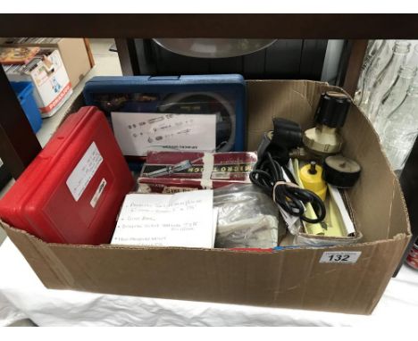 A box of engineering tools including Parallel set, Sine bar, Collets, digital scale vertical type, Air Micro grinder, Argon B