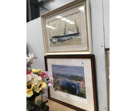 A limited edition print of a Jaguar XK8 no 105/850 and a signed watercolour of lorrys on the docks