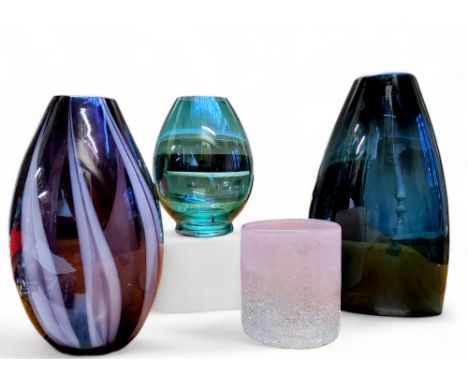 Mid Century Design - a Finnish 'Riihamaen Lasi/Riihimaki' emerald green glass vase; a Murano type vase, another purple and wh