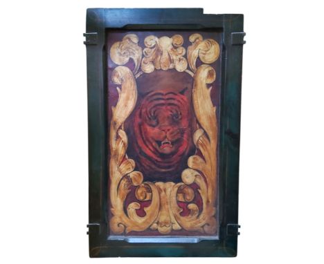 Interior Design&nbsp; - an early 20th century painted metal fairground panel depicting an Indian tiger surrounded with bold a