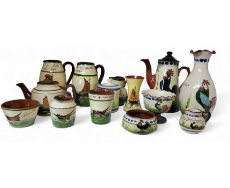 Torquay and Devon Ware - teapots, dishes, jugs, cups and saucers, painted with sailing&nbsp; yachts;&nbsp; others with black 