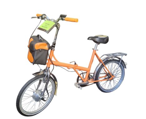 A folding electric bike, Bell airgel seat, orange livery