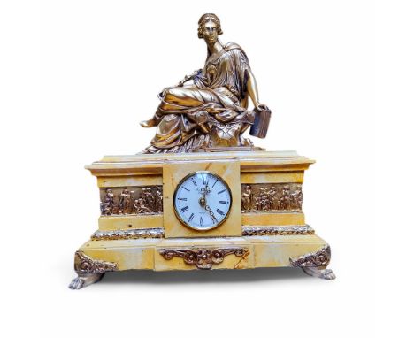 A Thomas Blakemore faux marble and 'gilt metal' French style mantel clock,&nbsp; surmounted with a classical figure, battery 