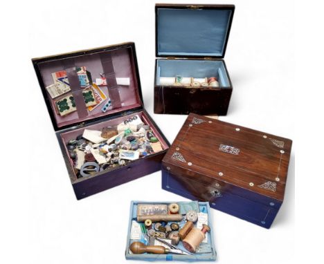 Boxes &amp; Objects - a Victorian rosewood and mother of pearl work box; another two walnut and stained pine; haberdashery re