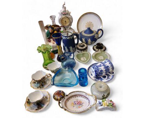 A Wedgwood Blue Japerware teapot and jug;&nbsp; black jasper trinket dishes;&nbsp; a Royal Doulton figure, The Old Balloon Se