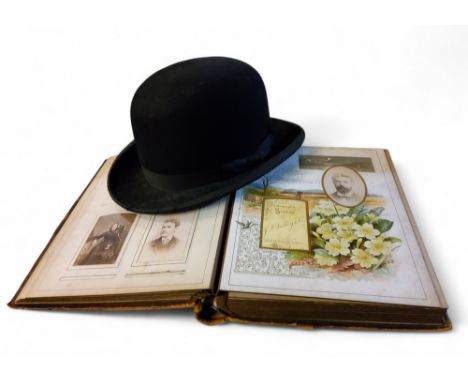 A Victorian morocco leather photograph album, c.1880;&nbsp; a Ozonic bowler hat