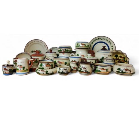 Torquay and Devon Ware - teapots, dishes, jugs, cups and saucers, painted with cottage