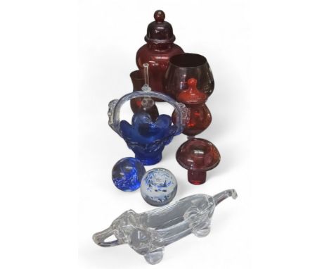 Coloured Glass - a ruby glass goblet, vases, fancy bowls;&nbsp; Wedgwood glass paperweight;&nbsp; Vannes Le Chatel clear glas