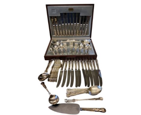 A Viners Kings Royale canteen, for six, cased;&nbsp; twelve Kings pattern dinner knives and forks;&nbsp; etc