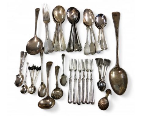 Flatware -an E.P.N.S. Old English pattern serving spoon;&nbsp; a caddy spoon;&nbsp; a set of six pickle forks;&nbsp; a set of