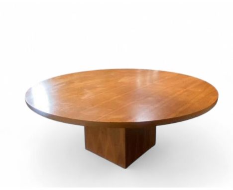 A substantial Art Deco style walnut circular dining table, square form base, 78.5cm x 188cm diameter