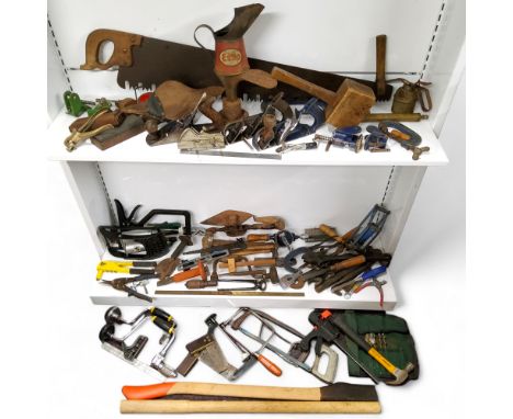 Tools - Record planes, Esso oil can; two-man tree felling saw; vices, chisels, hammers, wrenches, punches, screwdrivers, etc,