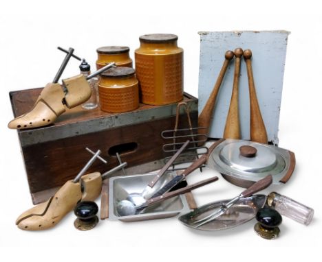 Three graduated Hornsea Saffron pattern canisters; mid century kitchenalia; early/ mid 20th century wooden juggling clubs; sh