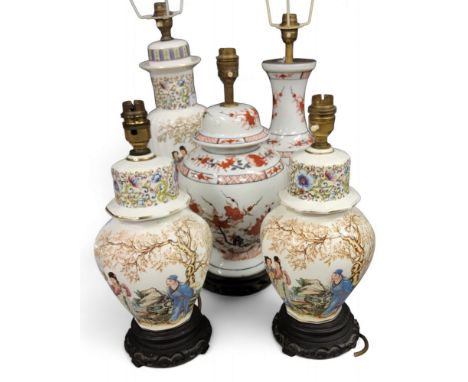 Lighting - a pair of Chinese style hexagonal side lights, decoragted in polychrome with oriental figures, blossoming prunus b