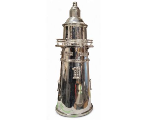 An Art Deco style silver plated novelty cocktail shaker, as a lighthouse, 34cm high