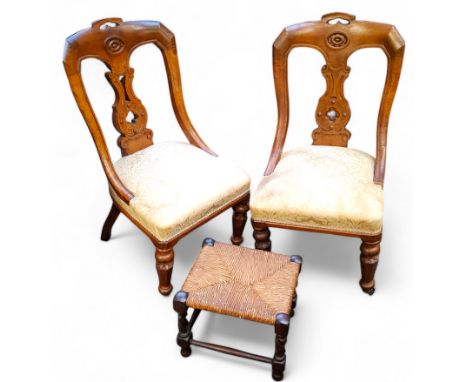 A pair of Victorian pollard oak bedroom chairs,, damask stuffed over seats; a barley twist rush seated stool (3)