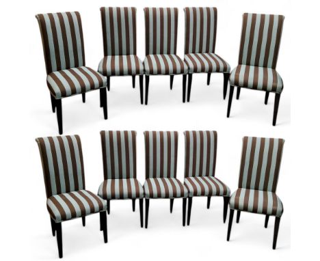 A set of ten high back dining chairs upholstered in pinstripe fabric, ebonised tapering legs, seat height 43cm