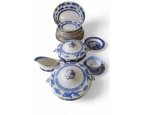 A Cauldron Dragon part dinner service, banded in blue with Chinese dragons, printed mark;&nbsp; other blue and white