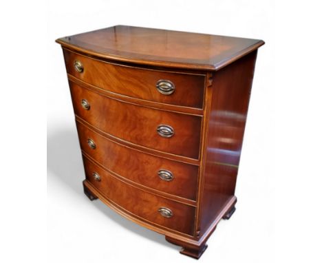 A reproduction mahogany and walnut bow fronted chest of drawers, four long cock beaded drawers, bracket feet, 106cm x 94cm x 