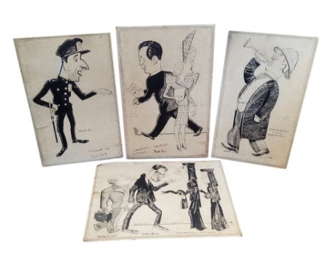 Four original 1950's American pen and ink caricature illustrations depicting Teddy Roosevelt, 'A playwright cop', 'Eileen Ben