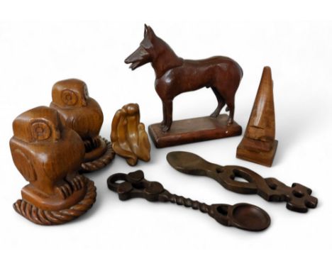 Treen and Folk Art - a pair of carved owl bookends, 14cm high;&nbsp; a carved German Shepherd, titled Shane, 20cm high;&nbsp;