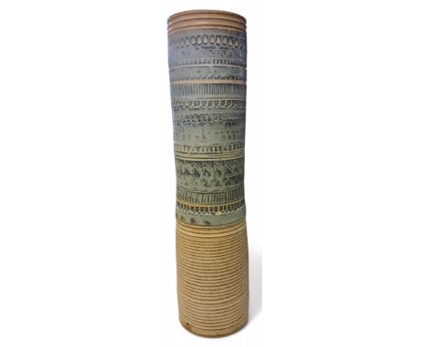 A 20th century Studio Pottery cylindrical lamp base, ribbed and banded, 47.5cm high, signed, dated 1975