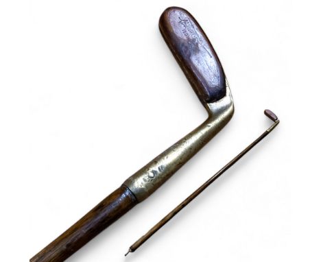 Golfing Interest&nbsp; - an early hickory shafted golf putter, the highly polished brass and padded leather putter embossed '