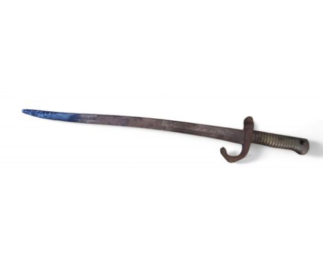 A 19th century French 1866 chassepot bayonet, 57cm curved fullered blade, brass grip, 60cm overall