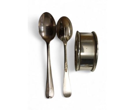 A silver napkin ring, Birmingham 1908;&nbsp; two silver rat tail teaspoons, Sheffield