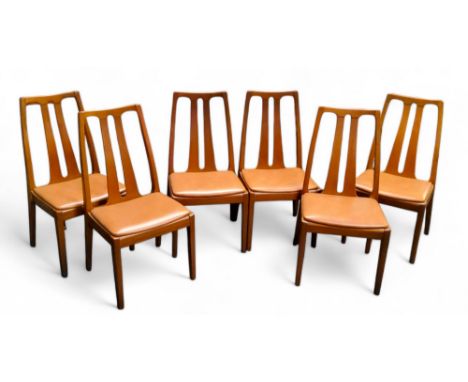 Mid 20th Century Design - a set of six 1970's teak dining chairs by Nathan Furniture in butterscotch leatherette, seat height