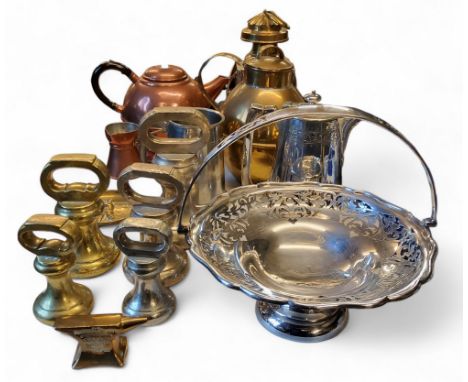 A set of bell weights, 7lb. 4lb, 2lb;&nbsp; others;&nbsp; an E.P.N.S. cake basket;&nbsp; &nbsp;copper kettle, Jersey jug;&nbs