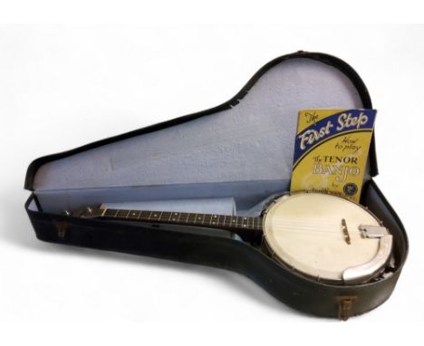 An early 20thC Melody-Jo four string banjo, cased