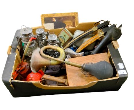 Boxes and Objects - oil cans;&nbsp; &nbsp;oil lamps;&nbsp; &nbsp;flat irons;&nbsp; early 20th century car horn;&nbsp; &nbsp;C