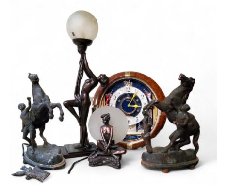 An Art Deco style bronzed table lamp of a nude lady, holding a globe aloft; another similar of a seated ballerina; Marley hor