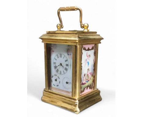 A reproduction Sevres style 'ormolu' and porcelain miniature carriage clock,&nbsp; with subsidiary date/day dials, porcelain 