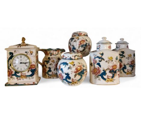 Mason Ironstone Java pattern mantel clock;&nbsp; a pair of ginger jars and covers;&nbsp; &nbsp;tea canisters and covers (6)