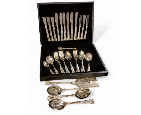 A Viners plated Kings pattern canteen, for six, comprising two serving spoons,&nbsp; soup spoons,&nbsp; dinner knives and for