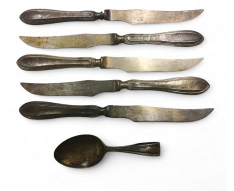 A silver feeding spoon, Birmingham 1909;&nbsp; &nbsp;five silver hafted fruit knives