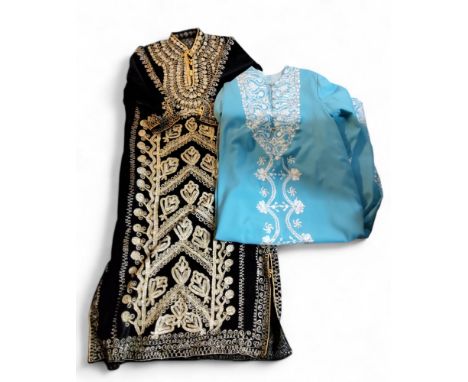 A black velvet and gold caftan,&nbsp;embroidered&nbsp; with stylised flowers, approx size 12;&nbsp; another, in azure, embroi