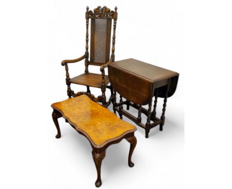 A Carolean Revival high backed hall chair; burr walnut coffee table nd barley twist gateleg table (3)