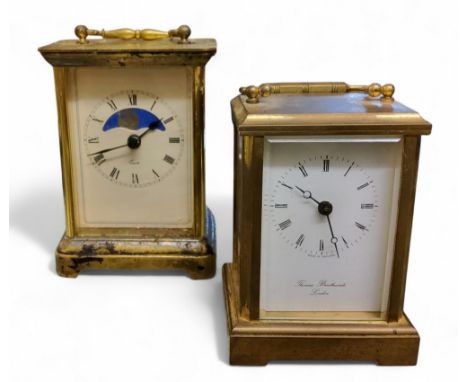 A 20th century brass carriage clock, Roman numerals, Thomas Braithwaite, London, battery movement, 11cm high;&nbsp; another (