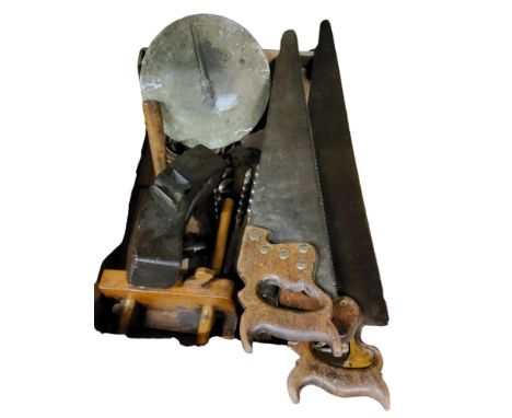 Tools - Spearior saw;&nbsp; another;&nbsp; Lister 4 gallon scales;&nbsp; &nbsp;pames;&nbsp; hammer;&nbsp; etc