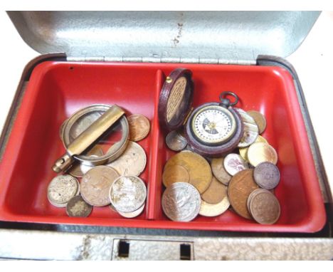 MIXED COINS. Locking cash tin with compass and mixed coins
