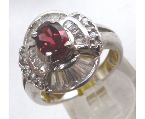 CLUSTER RING. Sterling silver fancy garnet and CZ cluster ring, size Q