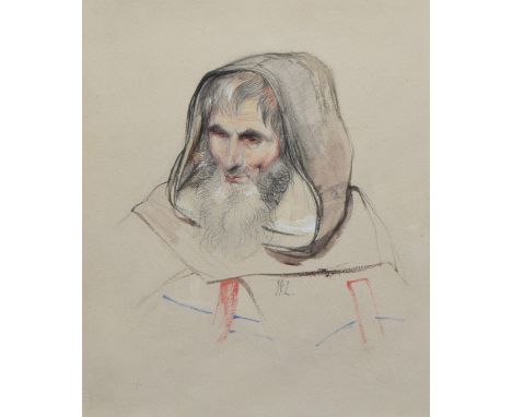 English School, 19th century, Portrait of an elderly man wearing a cowl, indistinctly initialled, watercolour and pencil, 24.