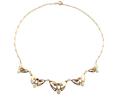Edwardian opal set Arts &amp; Crafts design 9ct gold necklace , five panel graduating drop front, each containing an oval cab