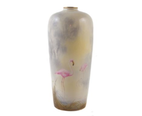 Royal Worcester vase signed by George Johnson , painted with flamingoes within misty landscapes, puce printed marks, shape 27